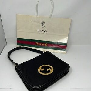 Gucci 1970s Vintage Blondie Logo Black Canvas and Leather Shoulder Bag